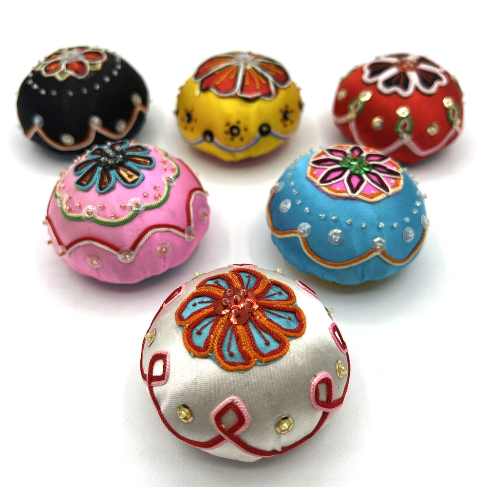 Beaded & Sequin Satin Bright Colored Flower Decorative Pin Cushions- Lot of 6